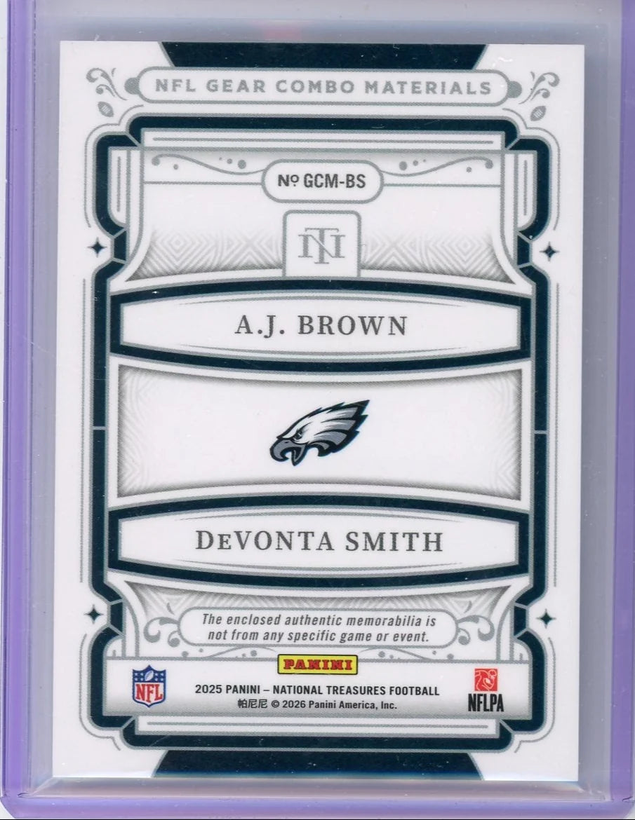 AJ Brown DeVonta Smith 2025 Panini National Treasures NFL Gear Materials dual relic #'d 17/99