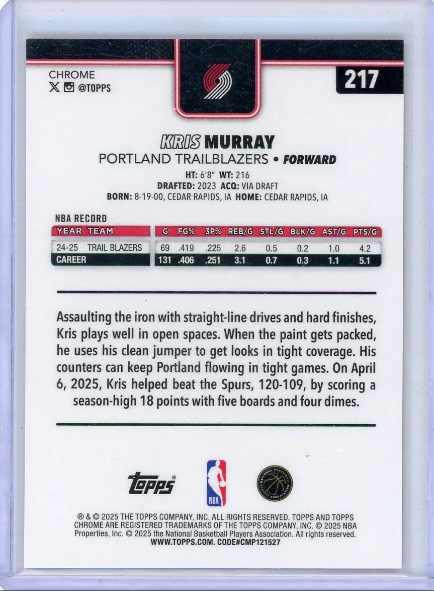 Kris Murray 2025-26 Topps Chrome Orange pulsar ref. #'d 08/25