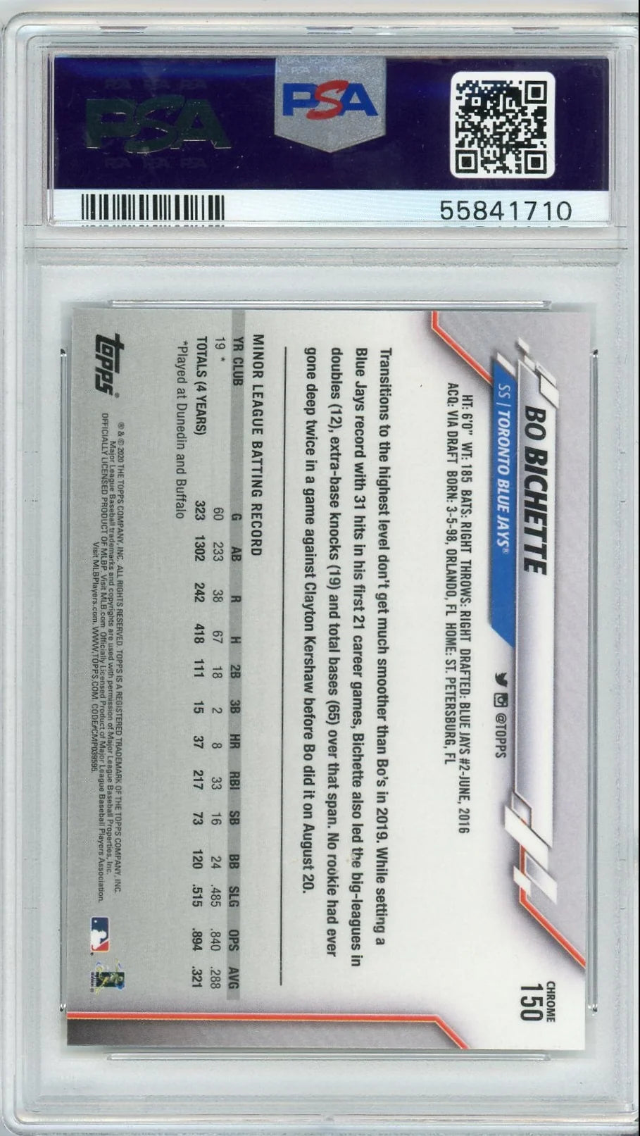 Bo Bichette 2020 Topps Chrome RC PSA 10