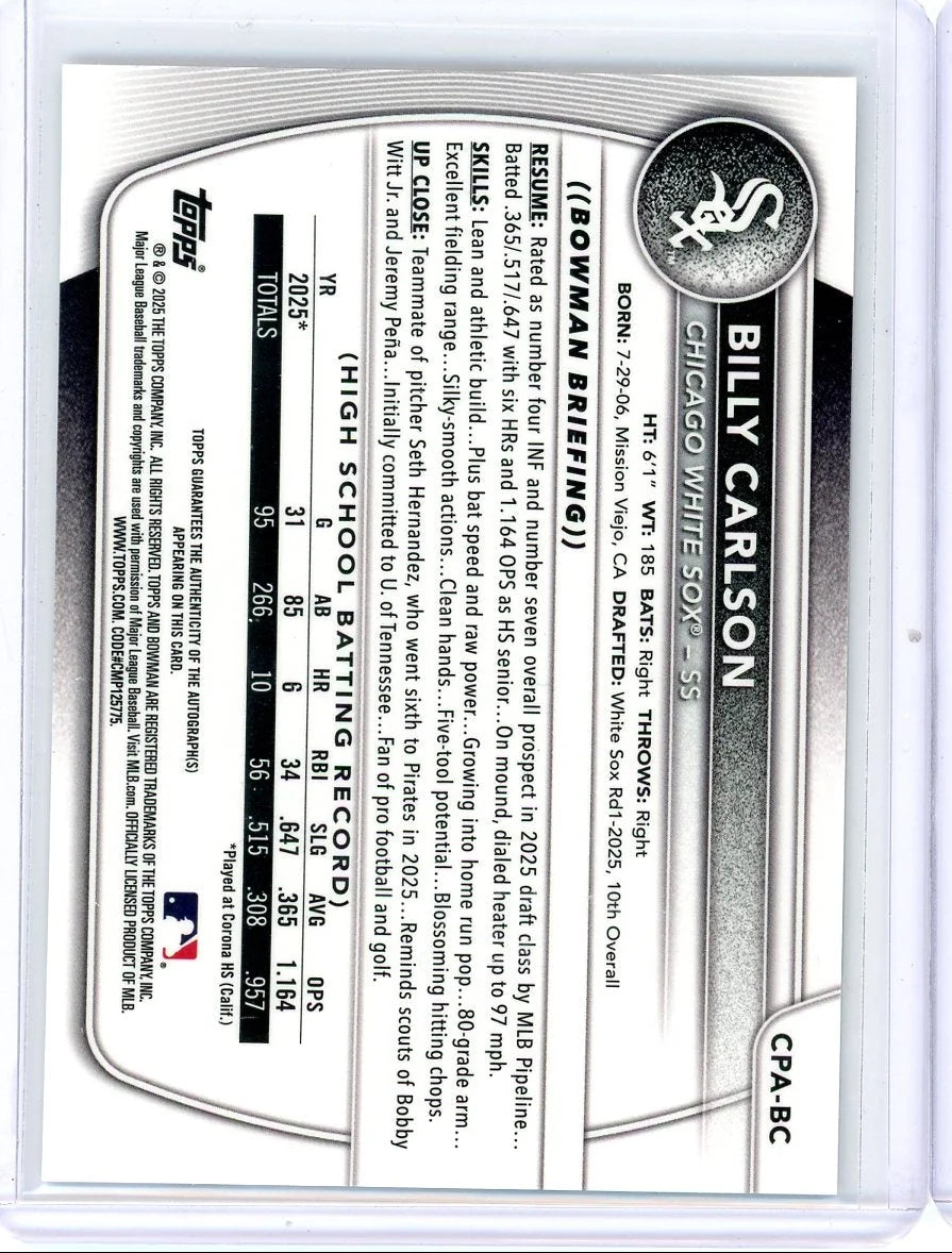 Billy Carlson 2025 Bowman Draft 1st Bowman Mojo Autograph #'d 111/150