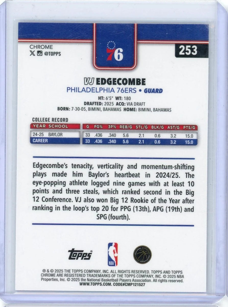VJ Edgecombe 2025-26 Topps Chrome Refractor RC