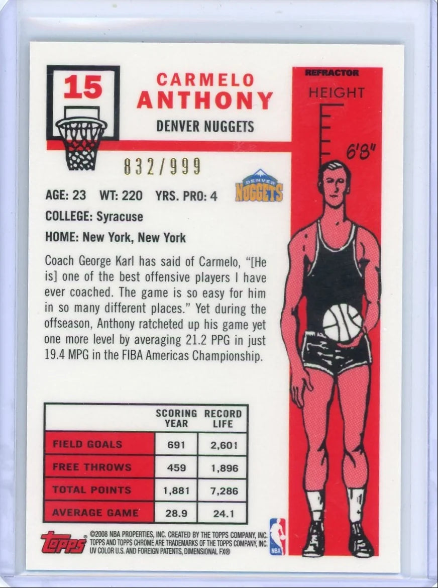 Carmelo Anthony 2007 Topps Chrome retro refractor #'d 832/999