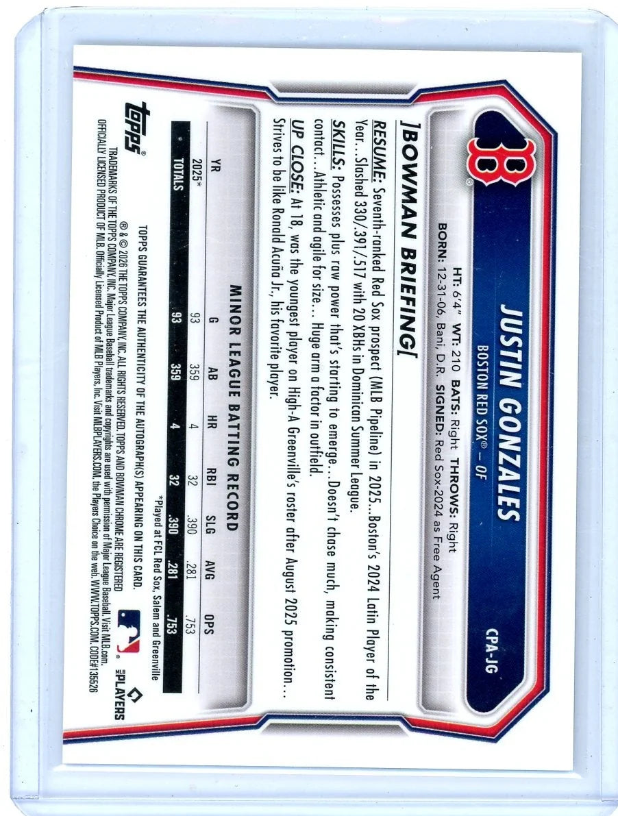 Justin Gonzales 2026 1rst Bowman Chrome base autograph