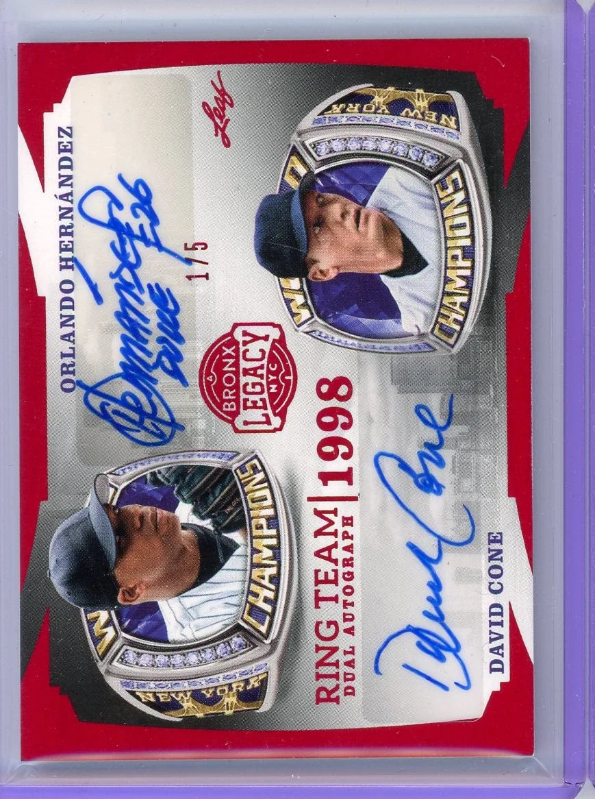 Orlando Hernandez/David Cone 2024 Leaf Bronx Legacy Ring Team dual auto #'d 1/5
