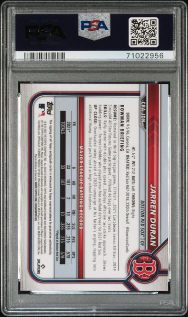 Jarren Duran 2022 Bowman Chrome autograph yellow ref. RC #'d 19/75 PSA 10