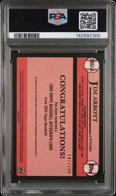 Jim Abbott 2024 Topps Update Series 1989 35th Anniversary Auto Black #'d 147/199 PSA 8