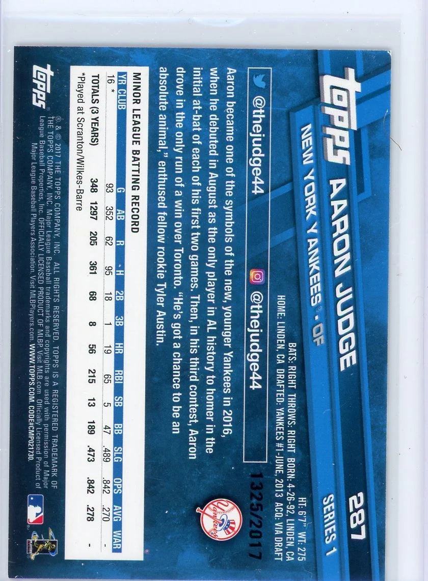 Aaron Judge 2017 Topps Series 1 Gold #'d 1325/2017 rookie card