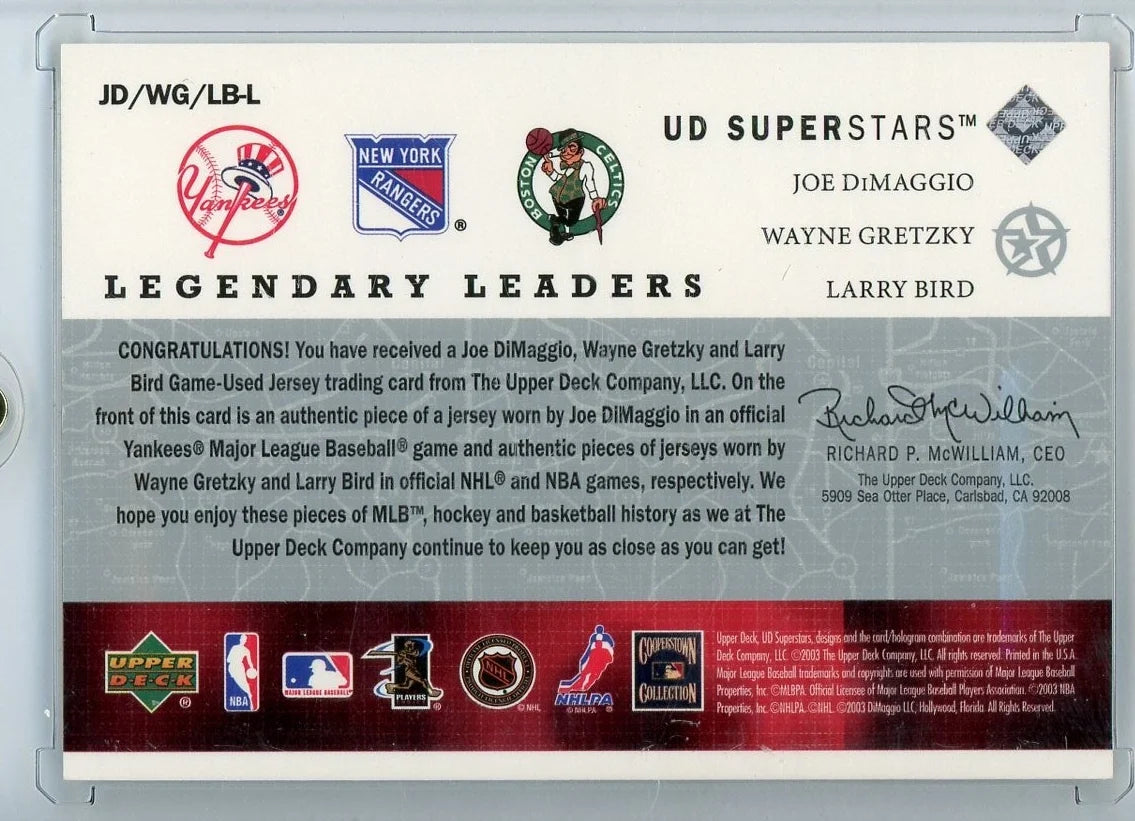 Joe DiMaggio Wayne Gretzky Larry Bird 2003 Upper Deck Legendary Leaders triple relic #'d 038/250