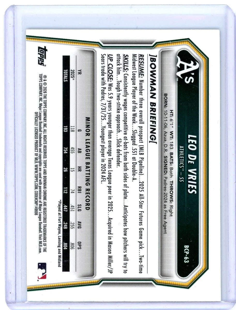 Leo De Vries 2026 Bowman Chrome Prospects Green Mojo Refractor #'d 48/99