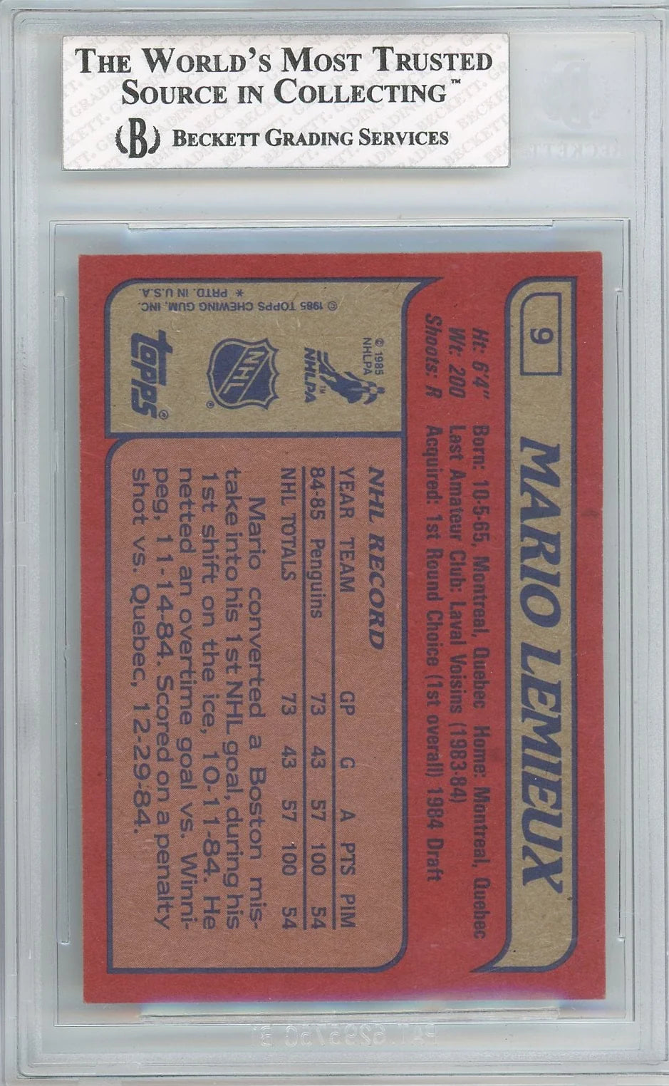 Mario Lemieux 1985 Topps Rookie Card #9 BGS 7.5