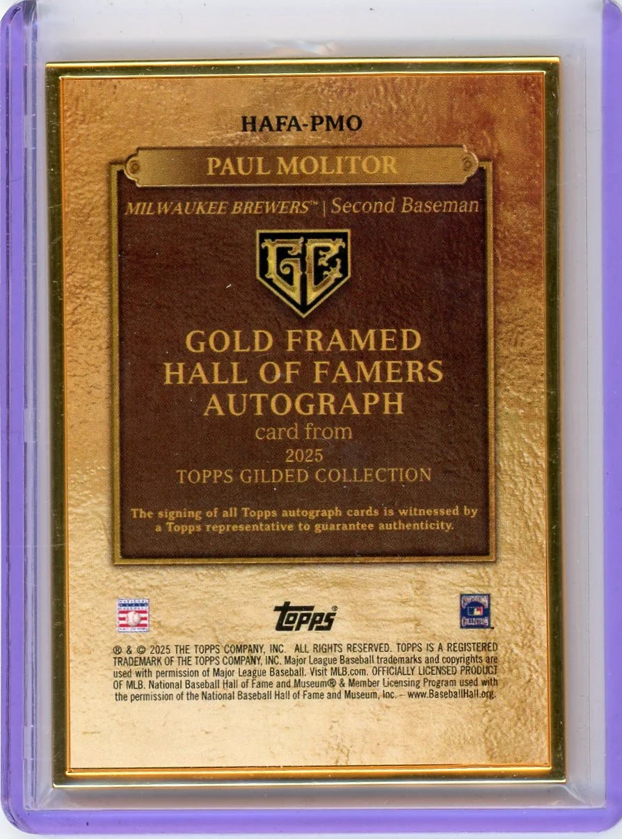Paul Molitor 2025 Topps Gilded Collection Gold Framed Hall of Fame Auto Rose Gold #'d 40/50