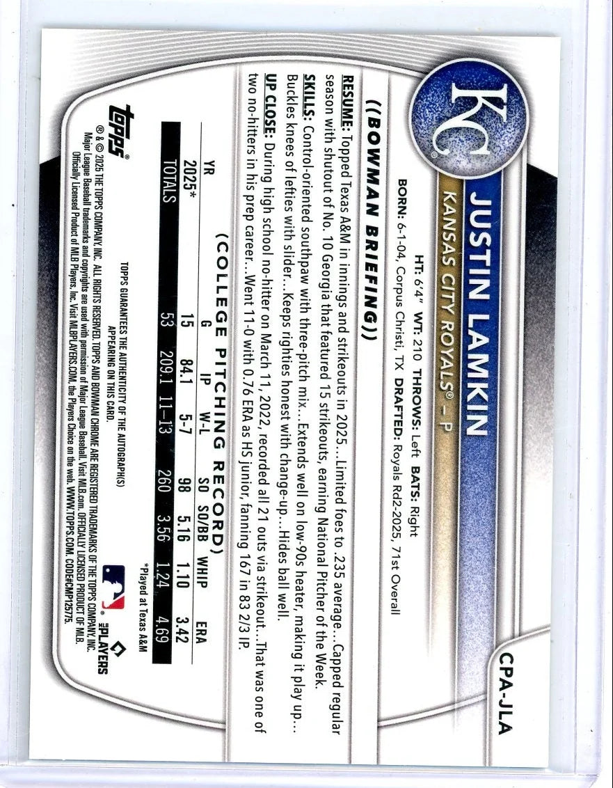Justin Lamkin 2025 Bowman Chrome Draft 1st Gold Shimmer Autograph #'d 45/50