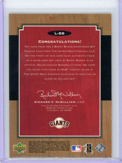 Barry Bonds 2001 Upper Deck Legends Legendary Lumber Bat Relic