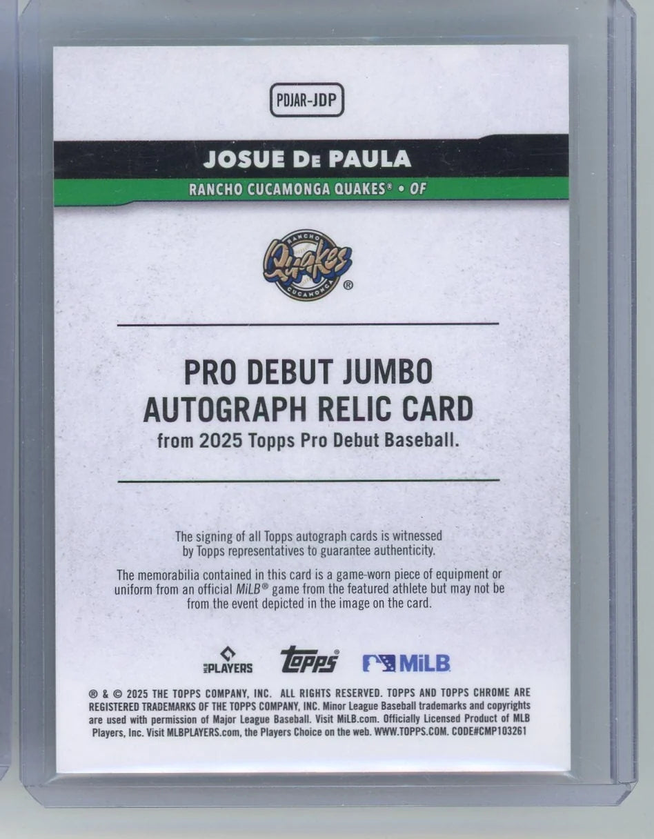 Josue De Paula 2025 Topps Pro Debut autograph relic #'d 34/99