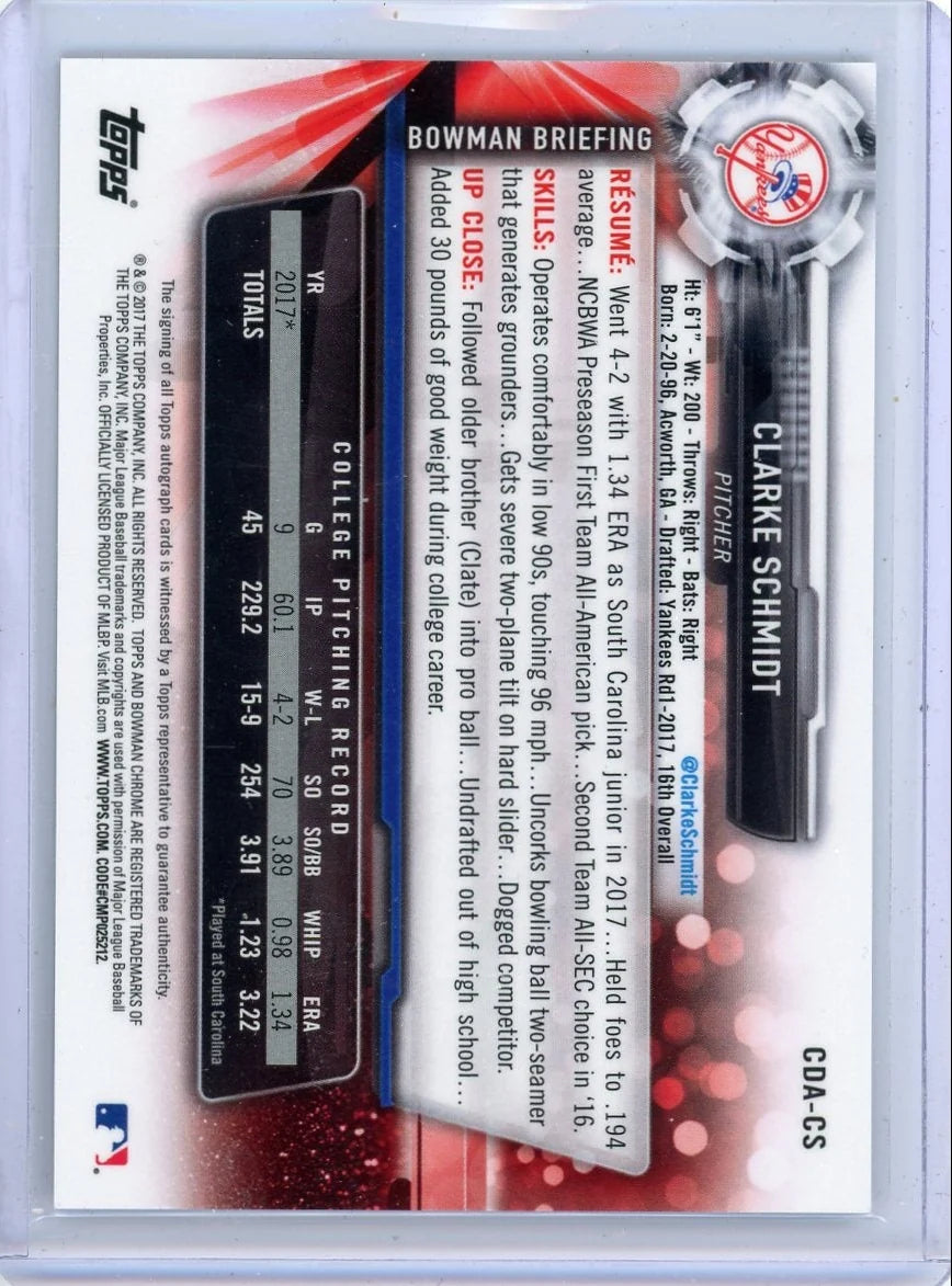 Clarke Schmidt 2017 Bowman Draft Chrome Draft Pick 1st Bowman Auto
