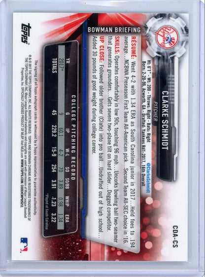 Clarke Schmidt 2017 Bowman Draft Chrome Draft Pick 1st Bowman Auto