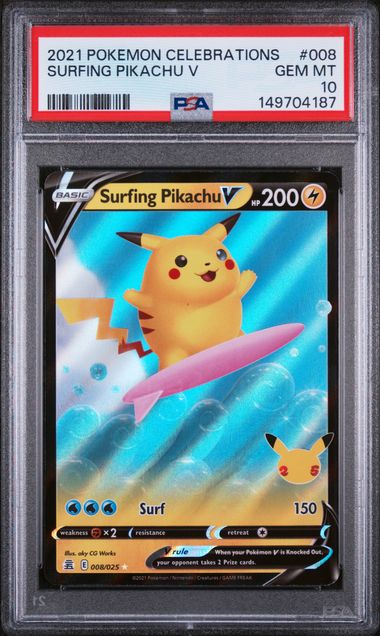 Surfing Pikachu V 2021 Pokémon Celebrations Full Art 008/025 PSA 10