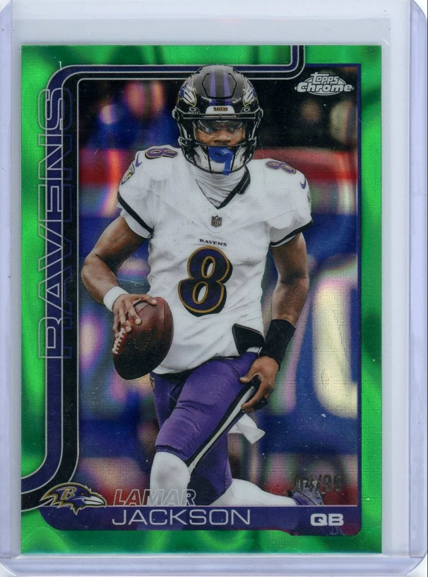 Lamar Jackson 2025 Topps Chrome Green Lava Refractor #'d 04/99