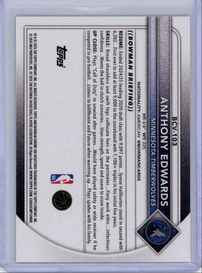 Anthony Edwards 2025-26 Bowman Chrome aqua mojo ref. #'d 019/125