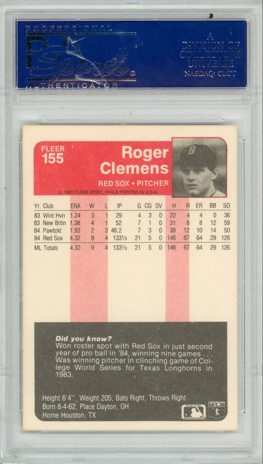 Roger Clemens 1985 Fleer #155 PSA 8
