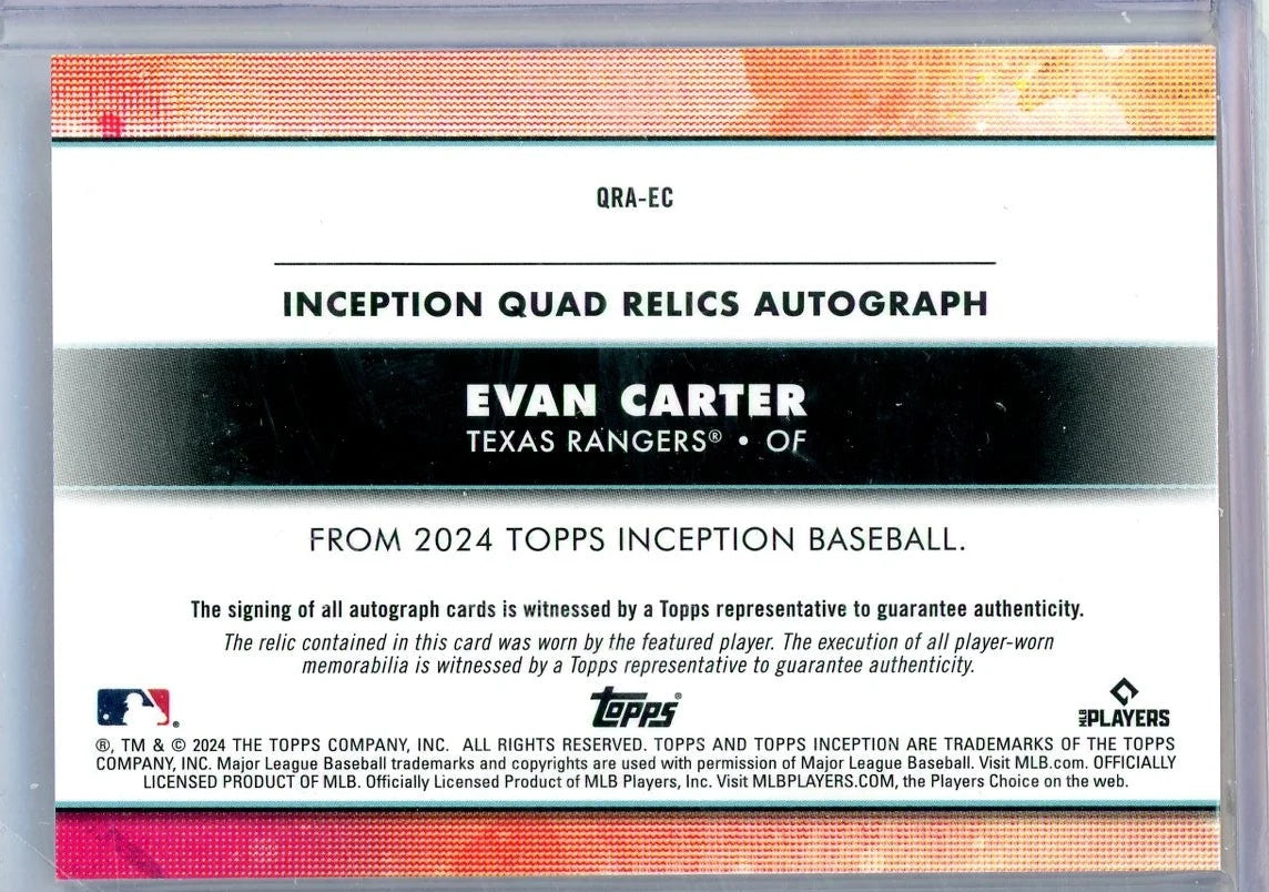 Evan Carter 2024 Topps Inception Quad Relics Autograph #'d 05/25