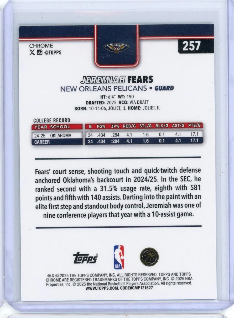 Jeremiah Fears 2025-26 Topps Chrome aqua ref. rookie card #'d 096/199