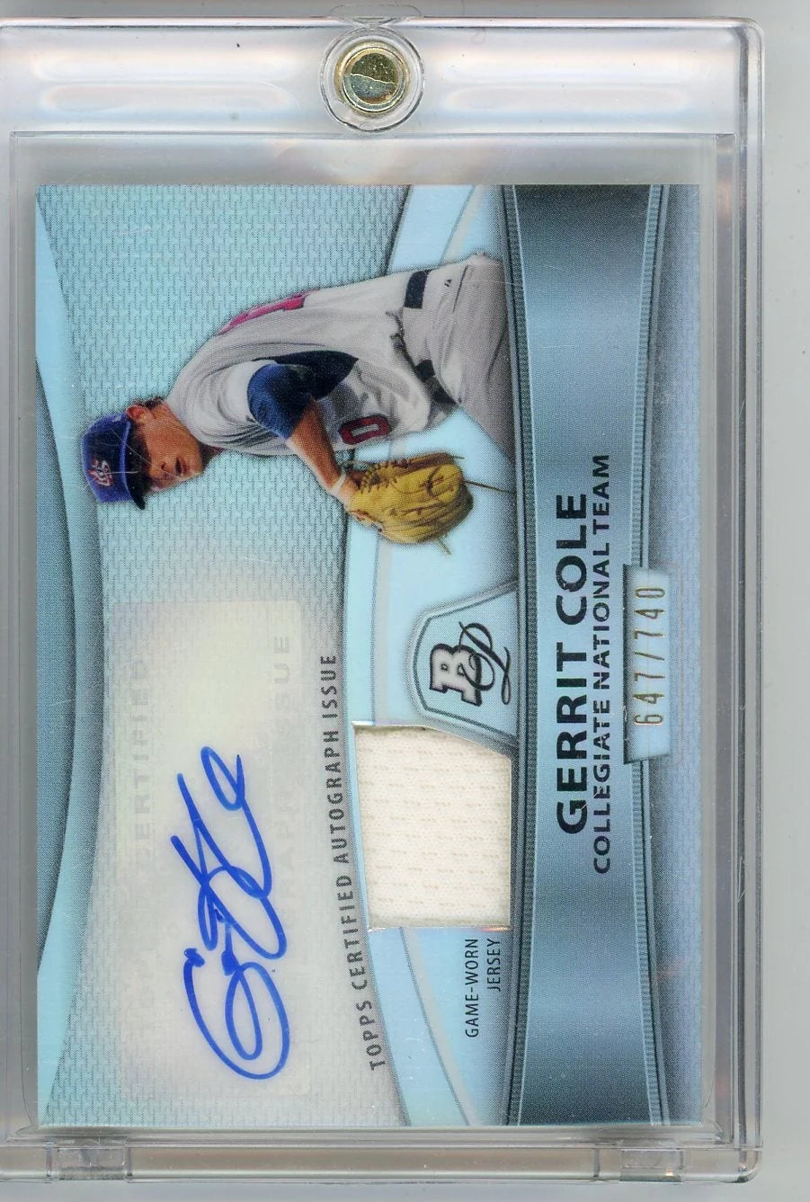 Gerrit Cole 2010 Bowman Platinum Collegiate autograph game-used relic #'d 647/740