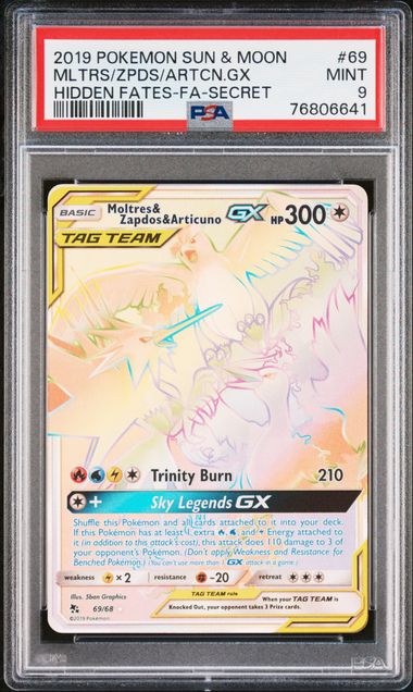 Moltres & Zapdos & Articuno GX Pokémon Hidden Fates Rainbow Tag Team #69/68 PSA 9
