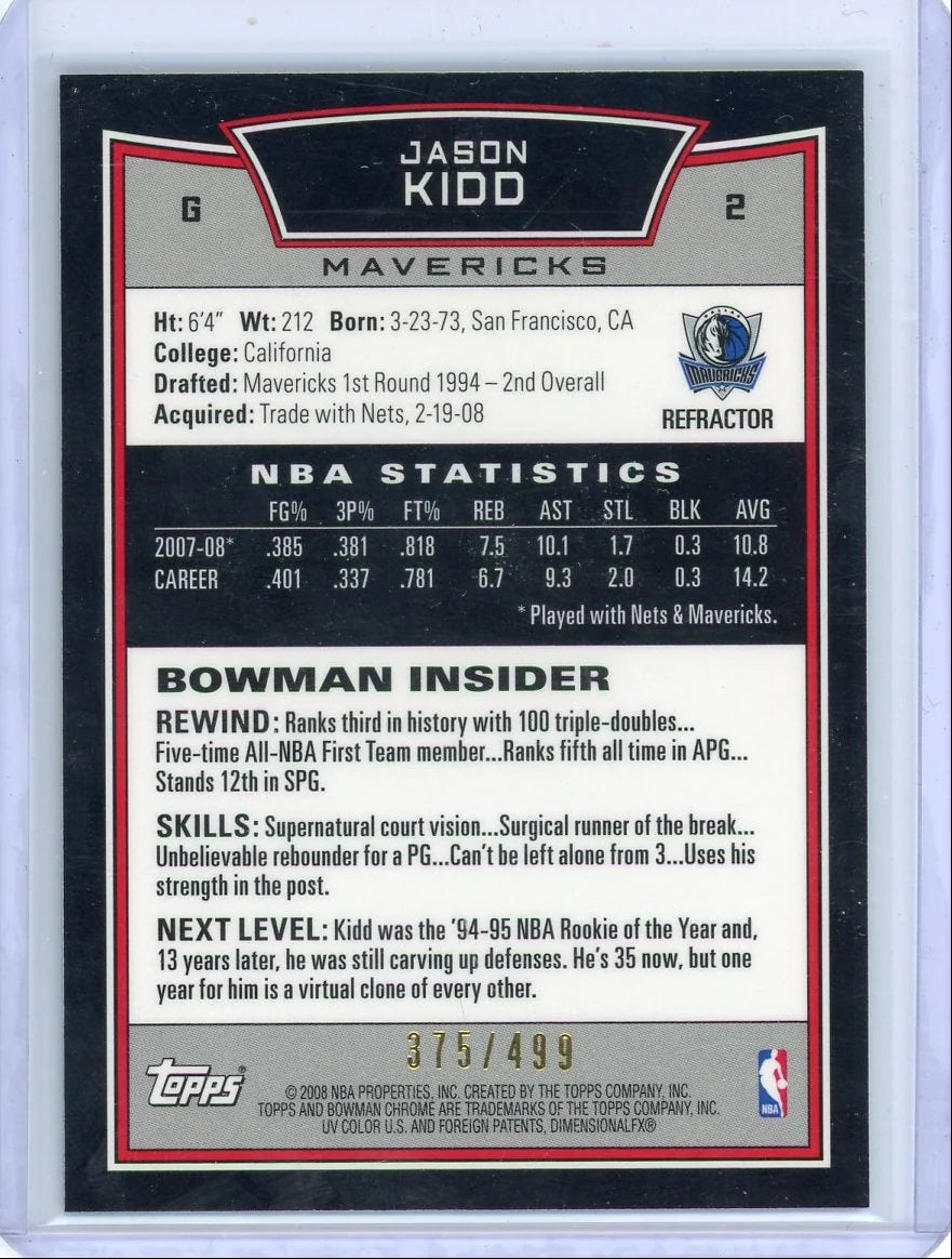 Jason Kidd 2008 Bowman Chrome refractor #'d 375/499