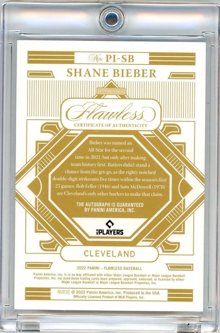 Shane Bieber 2022 Panini Flawless Premium Ink Platinum 1/1