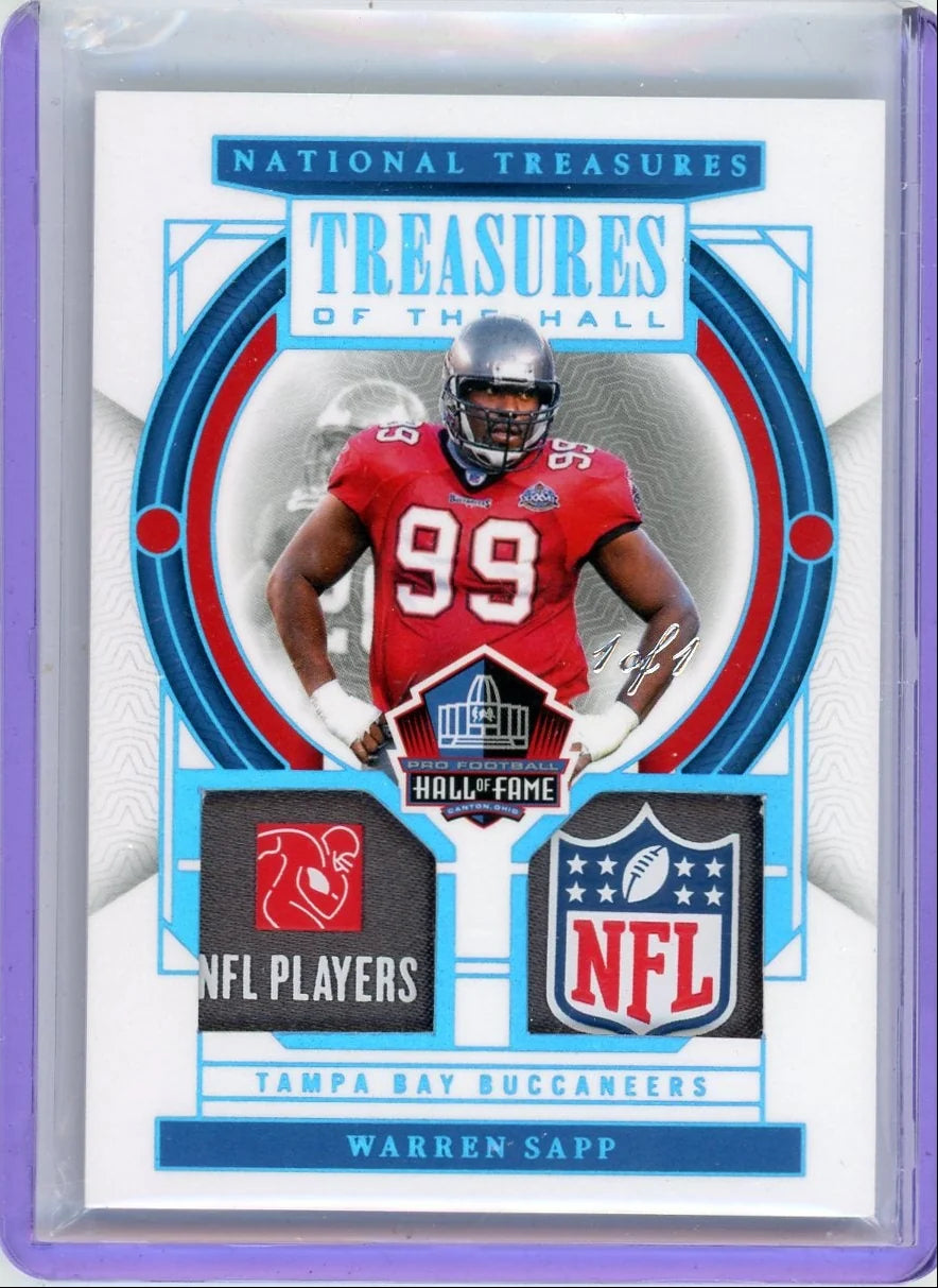 Warren Sapp 2023 Panini National Treasures Treasures of the Hall Relic Tag and Shield #'d 1/1