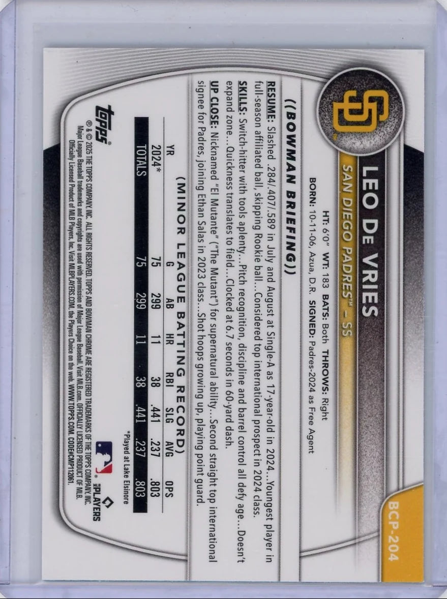 Leo De Vries 2025 Bowman Chrome #'d 182/250 Purple Ref.