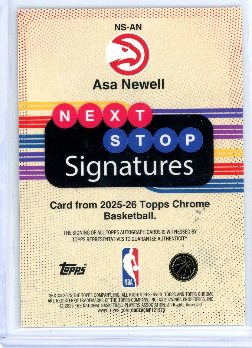 Asa Newell 2025-26 Topps Chrome Next Stop autograph rookie card orange ref. #'d 01/25