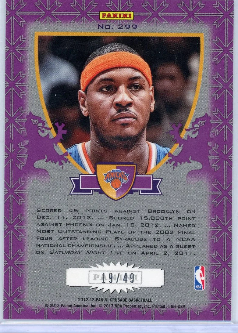 Carmelo Anthony 2012-13 Panini Crusade #'d 19/49