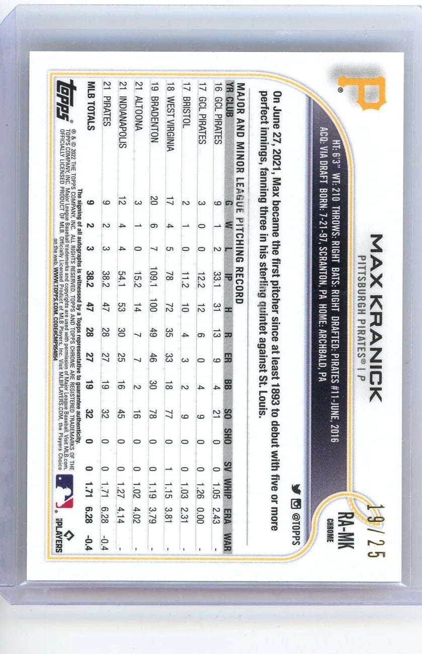 Max Kranick 2022 Topps Chrome orange ref. autograph rc #'d 19/25