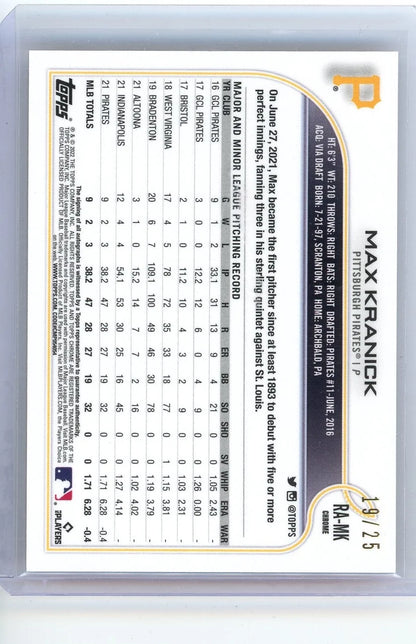 Max Kranick 2022 Topps Chrome orange ref. autograph rc #'d 19/25