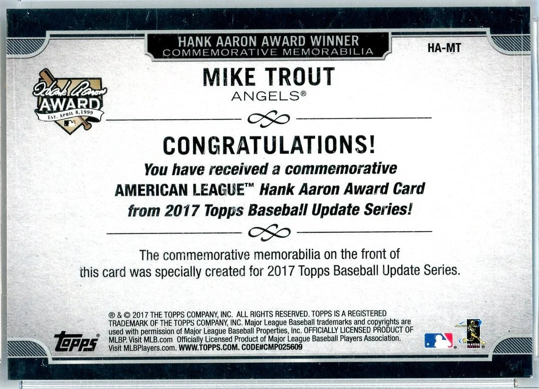 Mike Trout 2017 Topps AL Hank Aaron Award Comm. relic #'d 46/50