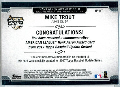 Mike Trout 2017 Topps AL Hank Aaron Award Comm. relic #'d 46/50