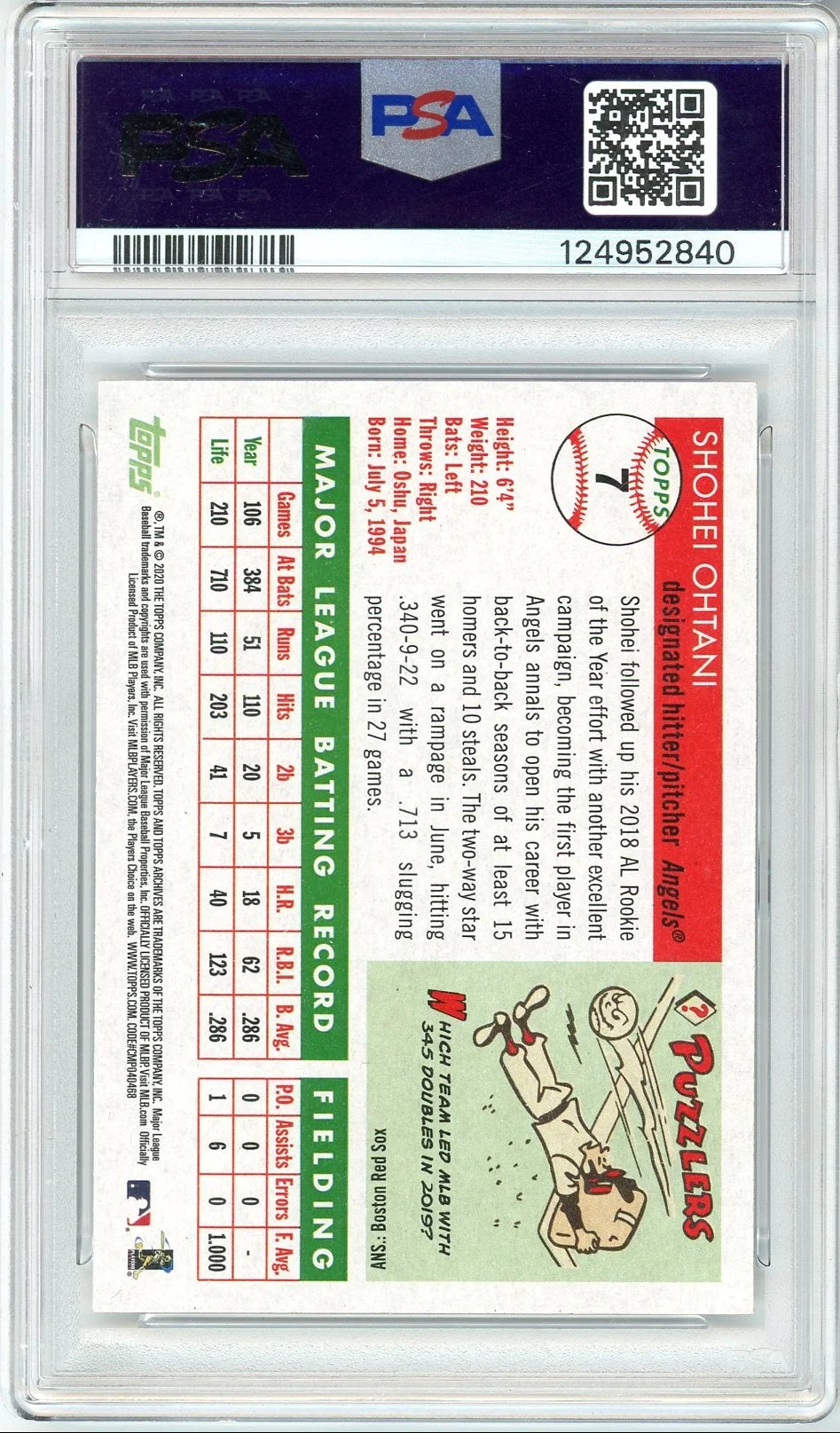 Shohei Ohtani 2020 Topps Archives #7 PSA 10