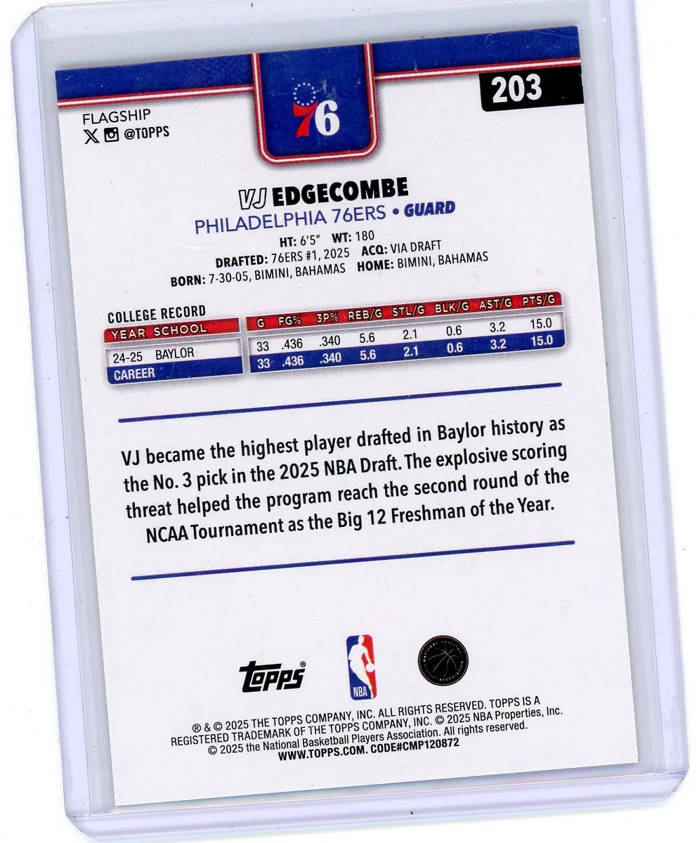 VJ Edgecombe 2025-26 Topps RC Wood #'d 11/25