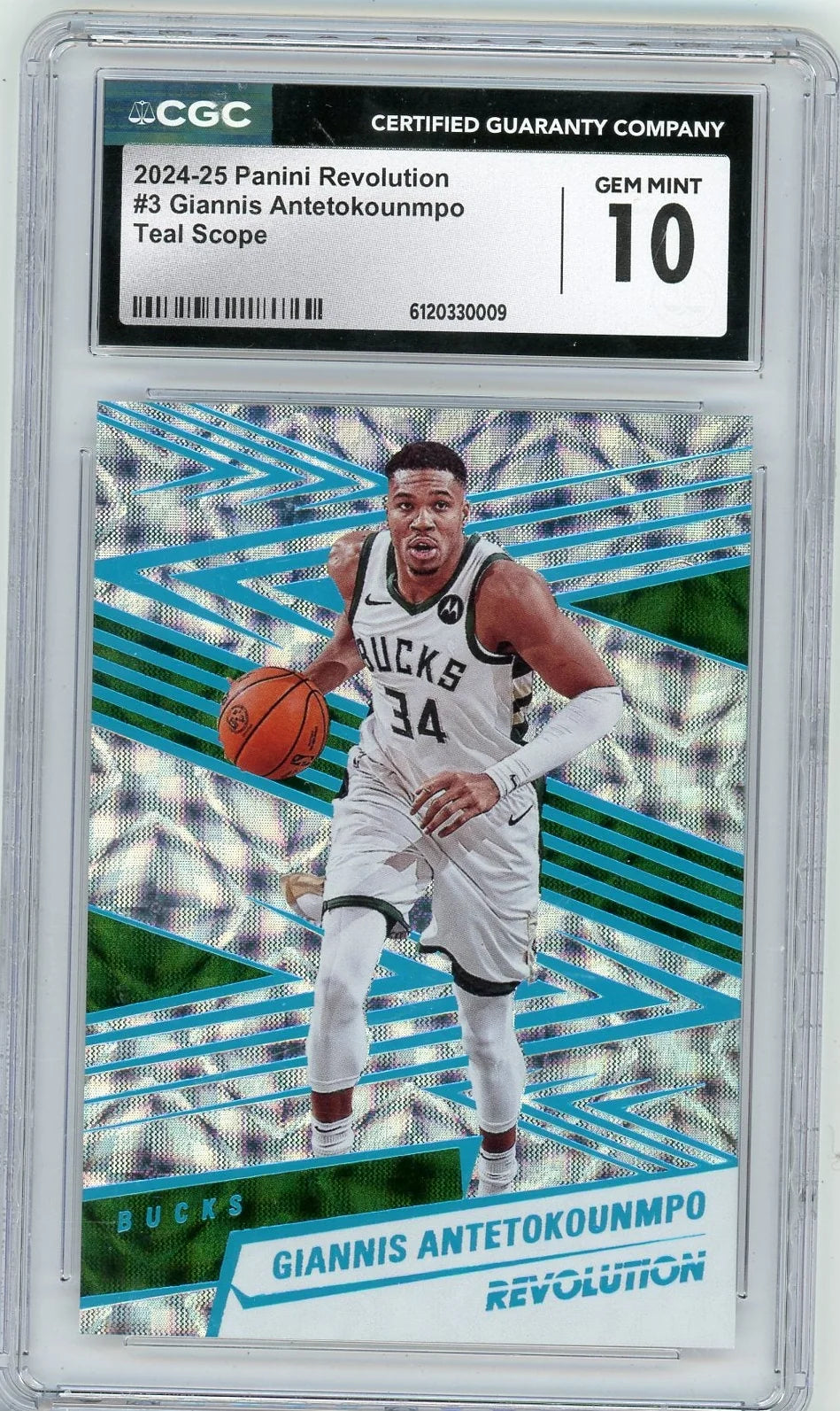 Giannis Antetokounmpo 2024-25 Panini Revolution Teal Scope #'d 31/35 CGC 10