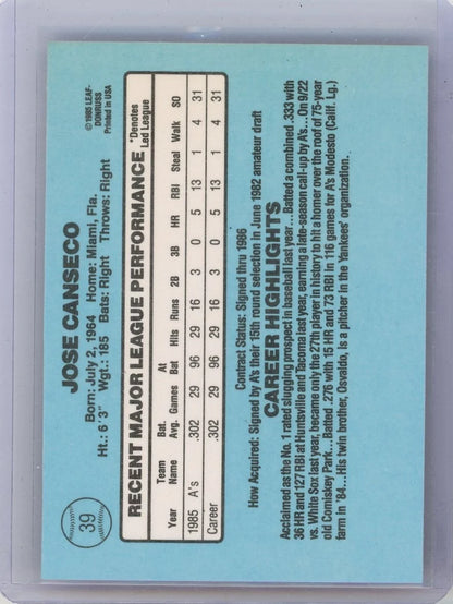 Jose Canseco 1986 Donruss Rated Rookie #39