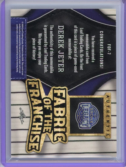 Derek Jeter 2024 Leaf Bronx Legacy Fabric of the Franchise game-used jersey relic #'d 1/7