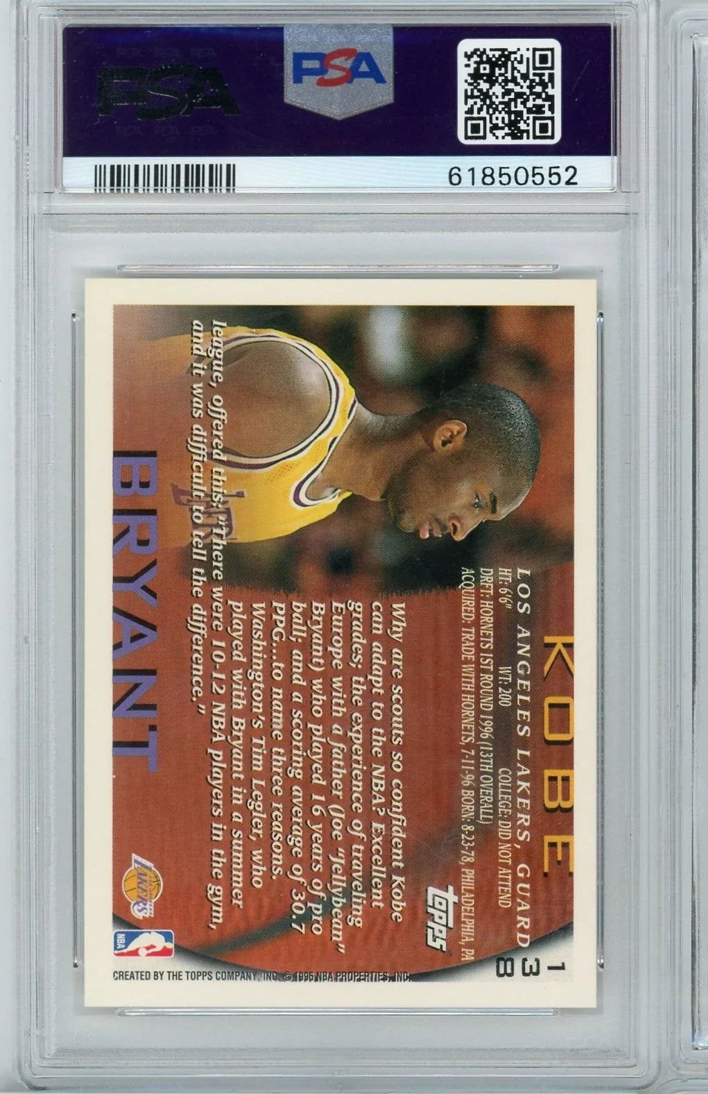 Kobe Bryant 1996 Topps Rookie PSA 8