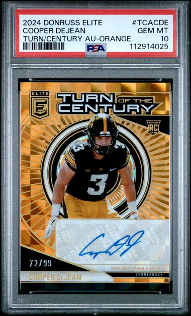 Cooper DeJean 2024 Donruss Elite Turn of the Century Orange Auto RC #'d 72/99 PSA 10