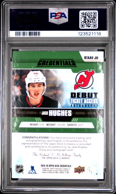 Jack Hughes 2019 Upper Deck Credentials Debut Ticket Access autograph green #'d 01/10 PSA 9