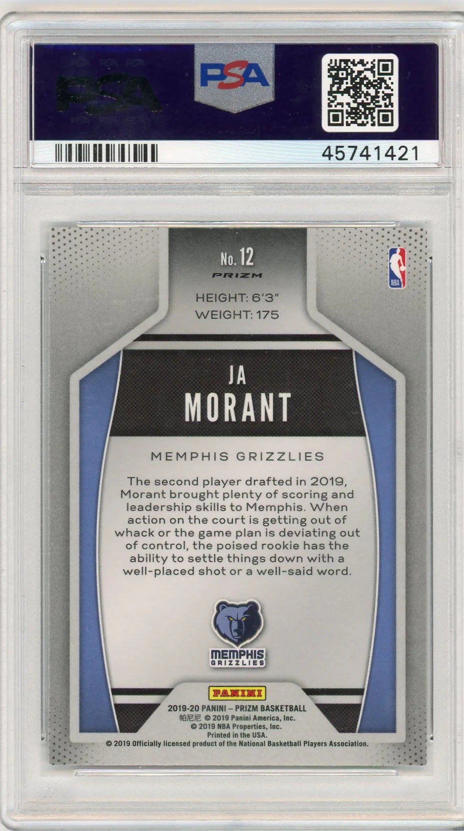Ja Morant 2019 Panini Prizm Instant Impact Silver Prizm Rookie Card PSA 10