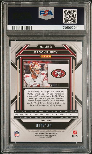 Brock Purdy 2022 Panini Prizm Red Wave Auto #'d 010/149 PSA 10 Auto 10