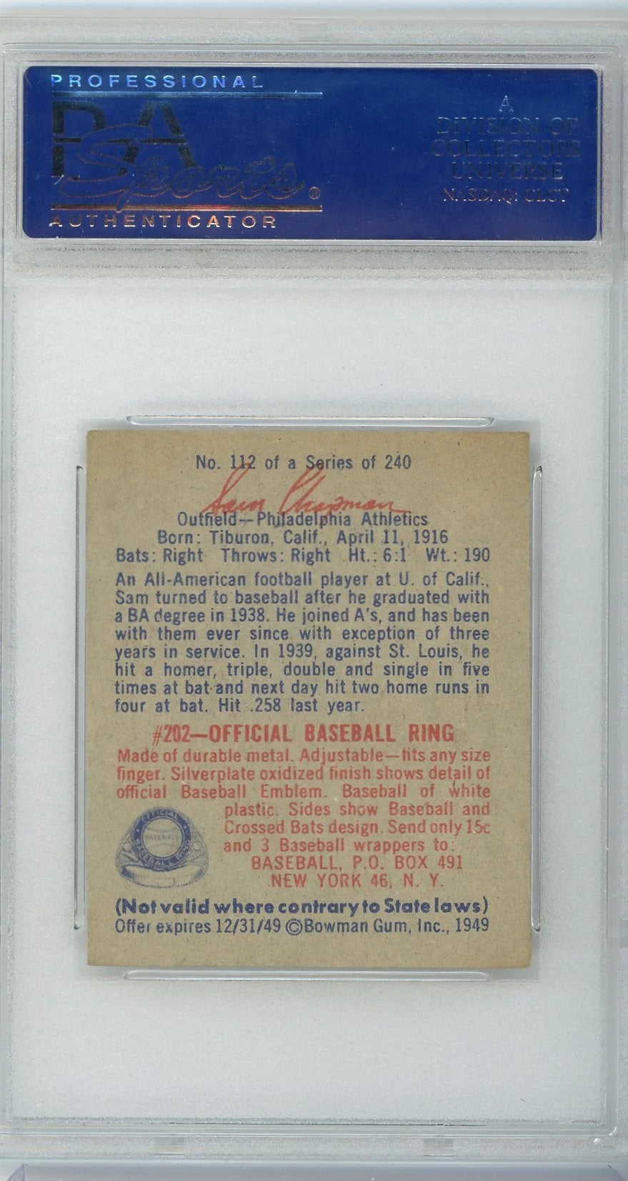 Sam Chapman 1949 Bowman #112 PSA 6