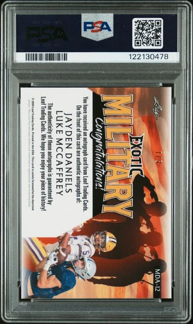 Jayden Daniels/Luke McCaffrey 2024 Leaf Exotic Military Air Force Dual Autograph #'d 1/3 PSA 8 AUTO 10